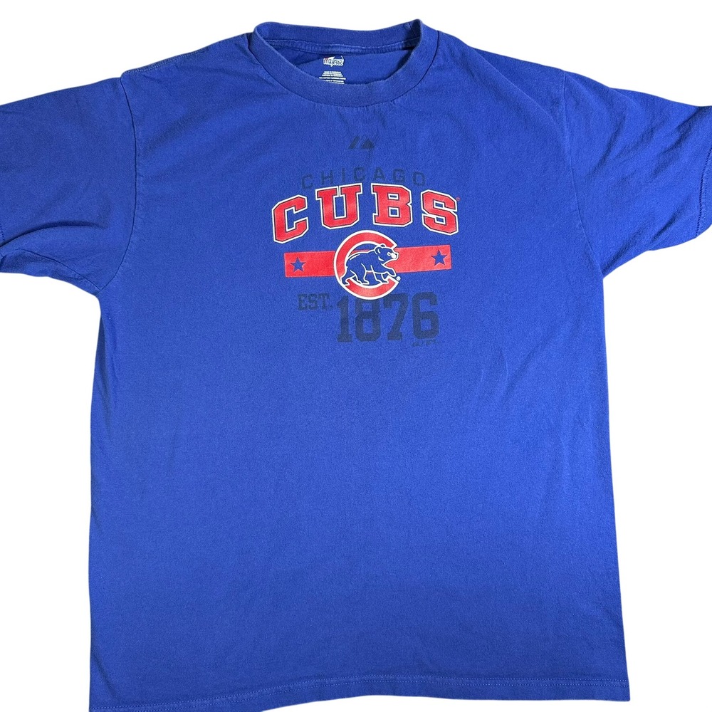 Majestic Chicago Cubs MLB Graphic T-Shirt Mens Large Royal Blue Est 1876 Bear